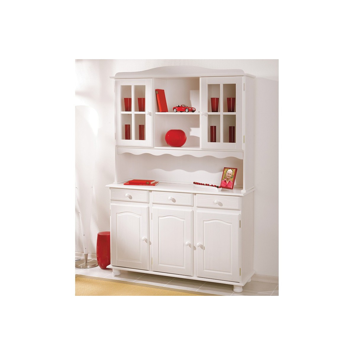 Vaisselier en bois massif Aliénor, buffet haut blanc de fabrication artisanale