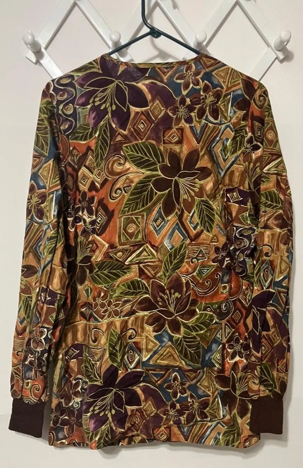 Cherokee Women’s Medium Floral Boho Button Up Jacket Scrub Top Long Sleeve - Image 2 of 4