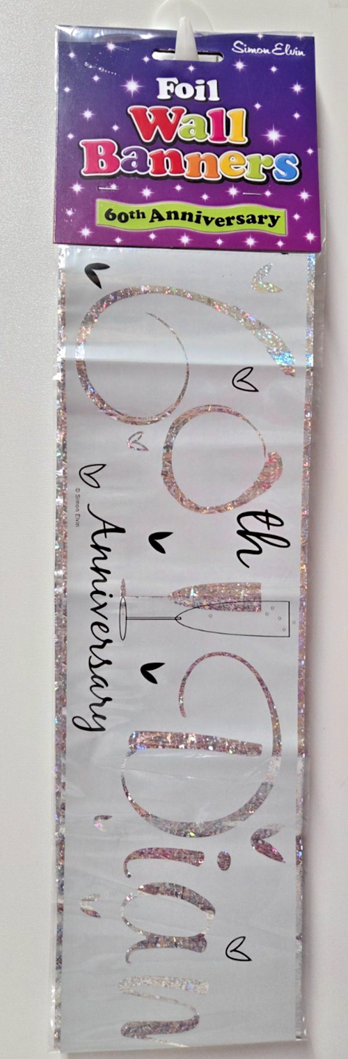 60th Diamond Wedding Anniversary Foil Banner Happy 2.5m Silver Party Decoration