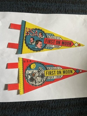 Two Vintage 1969 First on the Moon Apollo 11 Pennant Flag