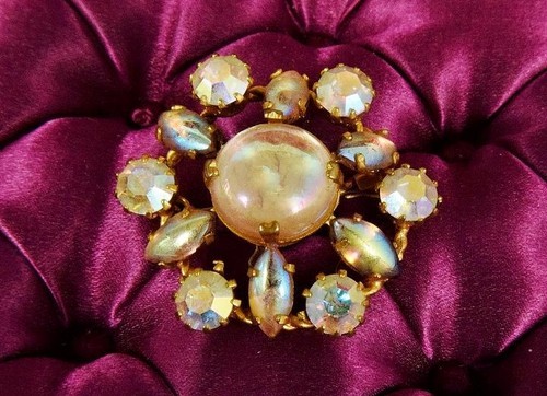 Wunderschön hübsche Vintage französische rosa facettierte & Cabochon Steinbrosche, Pin - Bild 2 von 12