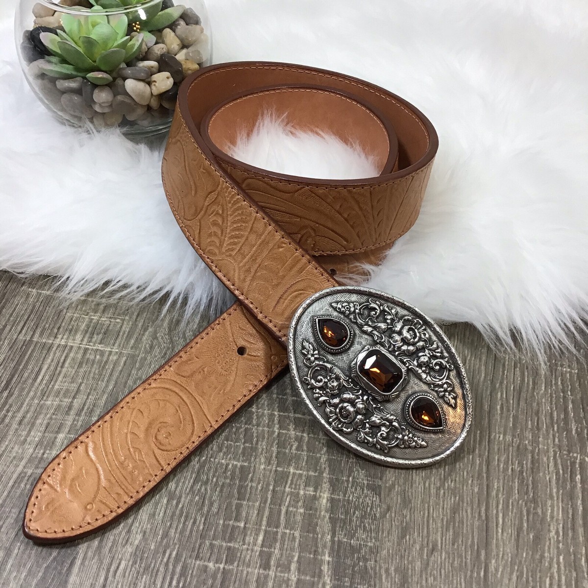 Moulin Rogue Silver Buckle Tan Tooled Leather Belt Tooled Tan Leather Belt Moulin Rogue Oval Silver Buckle  main image 3