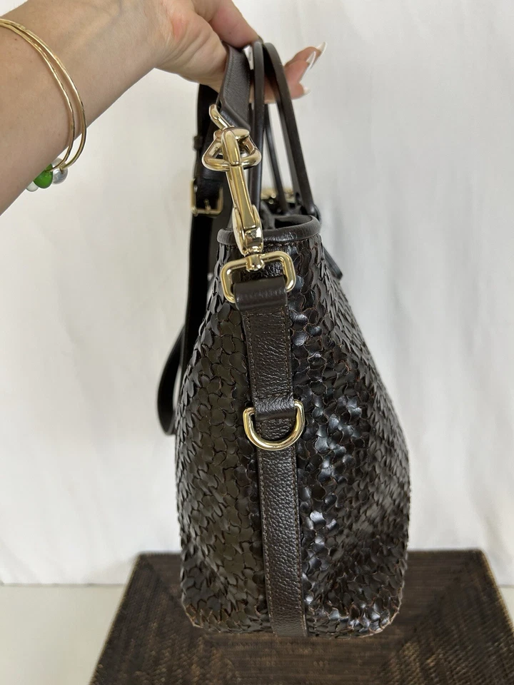 A. Testoni Large Tote Leather Wood Handle Crossbody Brown Women's - Image 3 of 4