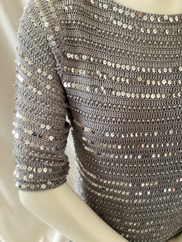 S.M. Collection Damen Silber Pailletten Kurzarm Top Neu ohne Etikett Small - Bild 2 von 6