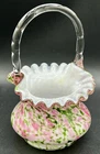 Fenton Ruffled Murrhina Confetti 8”x5” Basket Vase Rose Green Aventurine 1960’s