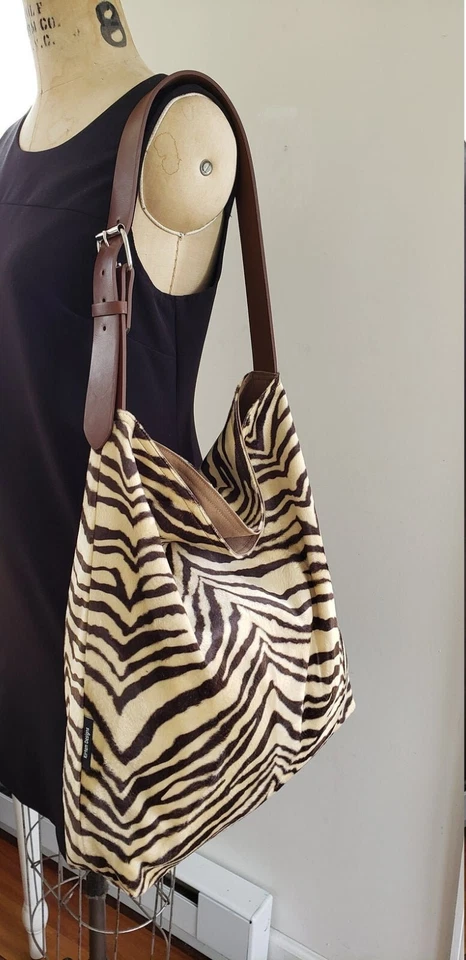 LARGE SIZE FAUX FUR HOBO TOTE BAG, BUCKET TOTE, SHOULDER BAG  BROWN BEIGE ZEBRA