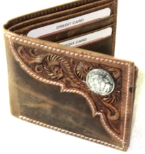 American Bison Men's Buffalo Nickel Concho Bifold Brown Leather Wallet NIB