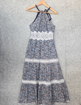 Full Length Boho Tiered Dress XS Blue Floral Halter Maxi Cottagecore ADELYN  RAE | eBay
