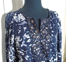 TORY BURCH Beaded Watercolor Floral Beach Tunic Top 6 NAVY/WHITE $298 Pristine!!