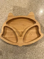 Bamboo Little Fox Snack Tray/ Plate With Suction Base Cool Touch Natural Bamboo