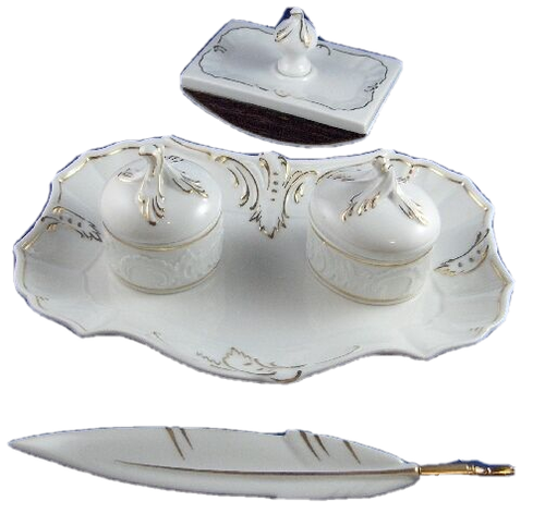 Grand Fuerstenberg Porcelaine Bureau Ensemble Service Buvard Encrier Stylo Bac - Photo 1 sur 5