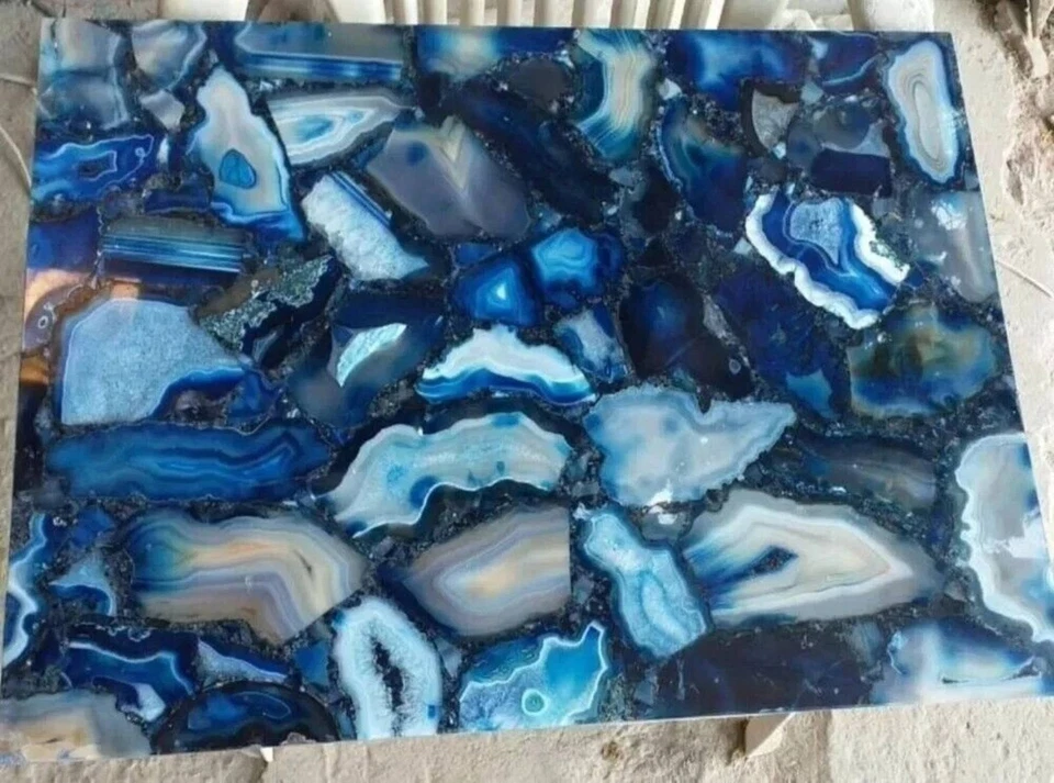 Blue Agate Table Top Coffee Dining Table Luxury Home Interior Slab Top Decor - Image 2 of 4
