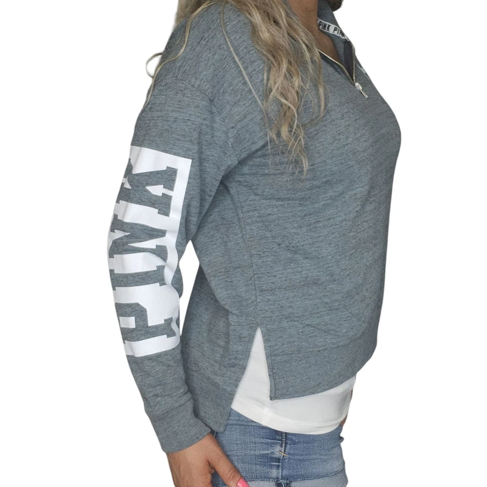 Suéter Victorias Secret Rosa Mujer XS Gris Blanco Gráfico Cuarto Cremallera Cuello Foto 3 de 4