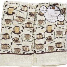 Set of 2 Same Printed Kitchen Terry Towels 15"x25" COFFEE CUPS TYPES 2, BH