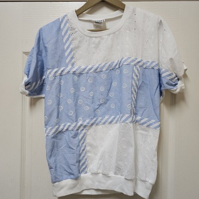 Vintage Cricket Land Shirt Womens M Blue Whete Patchwork Grandmacore 90s