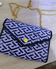 Versace Coated Canvas La Greca Signature Wallet On Chain Black Purple Black Gold