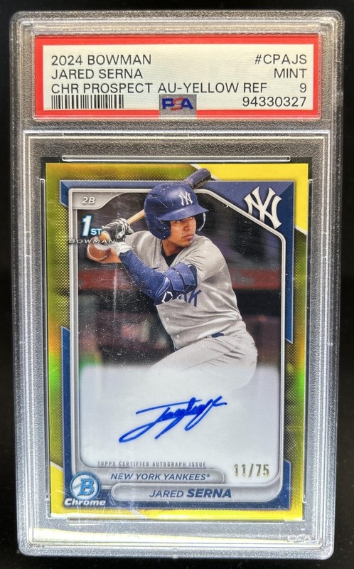2024 Bowman Jared Serna Chrome Auto Yellow Refractor 1st #/75 Yankees PSA 9