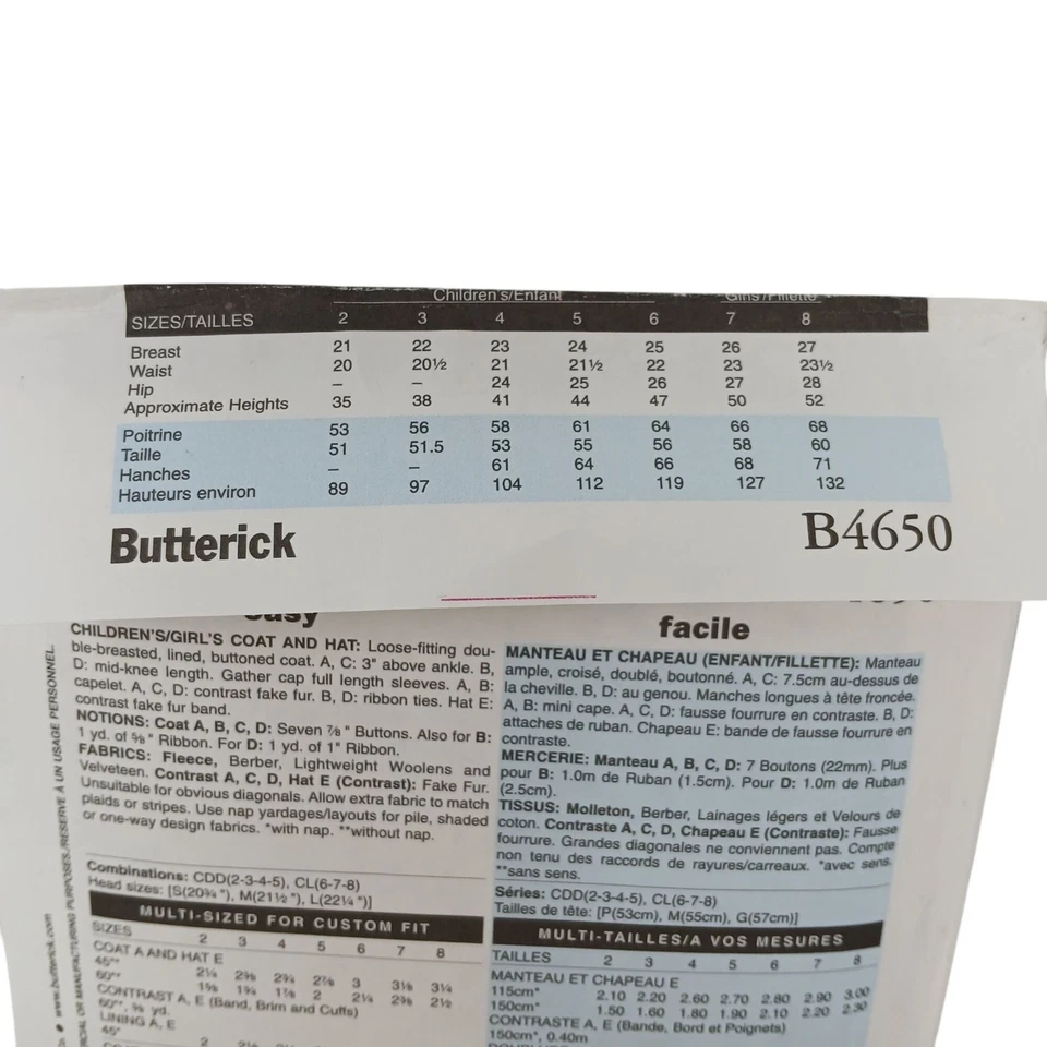 Butterick B4650 Childrens Girls CL 6-7-8 Coat & Hat Sewing Pattern Uncut #D-17 - Image 4 of 4