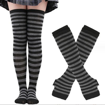 Over Knee Thigh High Socks Striped Cotton Arm Warmers Fingerless Women Glove