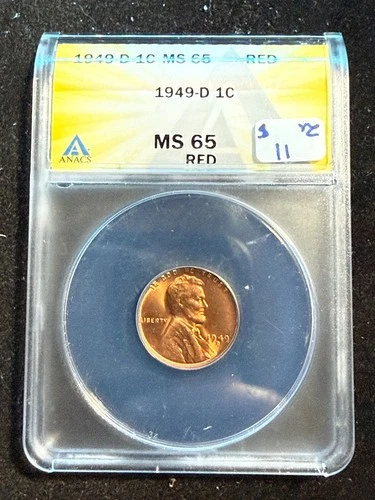1949 D LINCOLN WHEAT CENT ANACS MS 65 RD 221