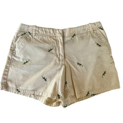 J. CREW Yellow Cream Embroidered LIZARD All Over Print Chino Denim Shorts 6 Low