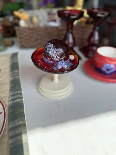 Fenton Glass Red Hat Lady Society Hand Painted Bow Feather Signed 100th Annivers