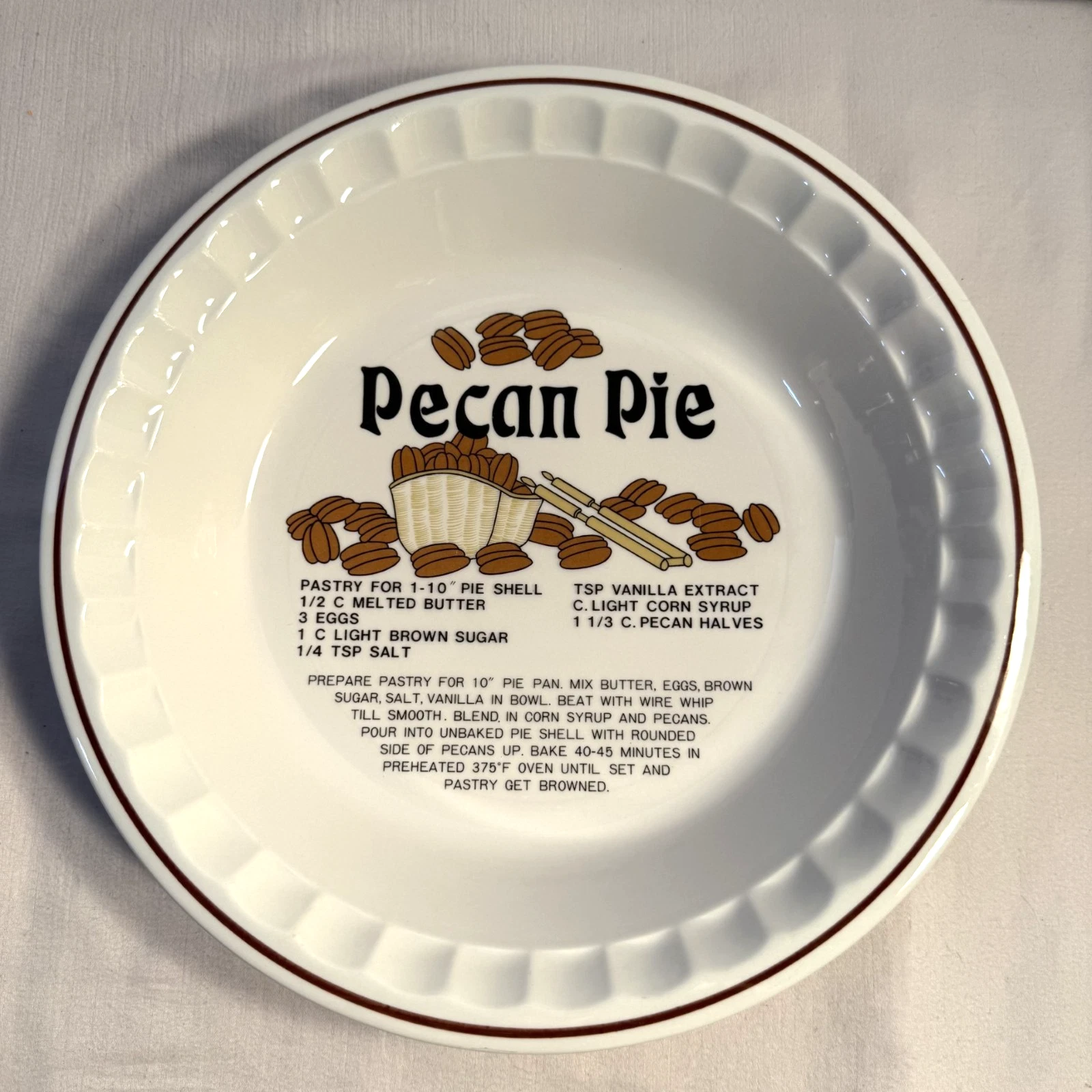 Vintage Hankook 10.75" Pecan Pie Recipe Baking Baker Deep Dish Pie Plate