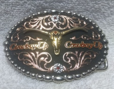 Montana Silversmiths Rose Gold Red Crystal Cowboy Up Texas Longhorns Buckle EC