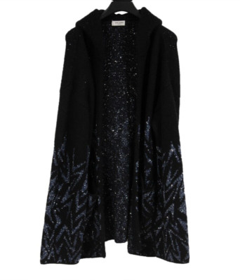 Saint Laurent  Baja Hoodie Large Jacquared Black Blue Wool Mohair Long Sleeve