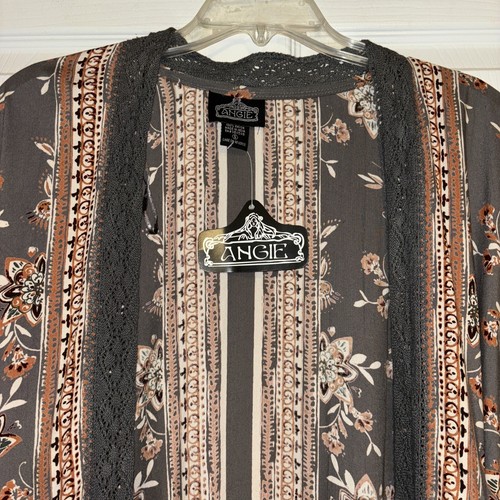 NWT Angie Sz S Oversized Open Front Boho Kimono Gray Floral Crochet Trim Duster - Picture 5 of 13