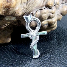Solid 925 Sterling Silver Serpent Snake Egyptian Ankh Pendant Key of Life Cross