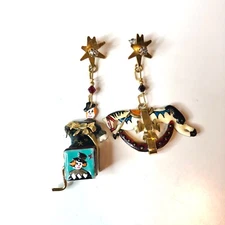 Lunch At The Ritz Toy Land Jack in Box Caousel Horse Mismatch Dangle Earrings