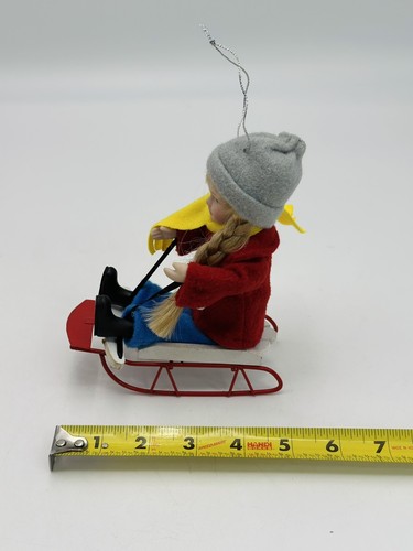 Christmas Girl Sleigh Wood Metal Sled Ornament 6x5” Porcelain Face Blonde Braids - Picture 8 of 10