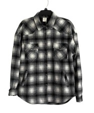 Womens Shacket Jacket Medium Flannel Black White Plaid Oversized Snap Front