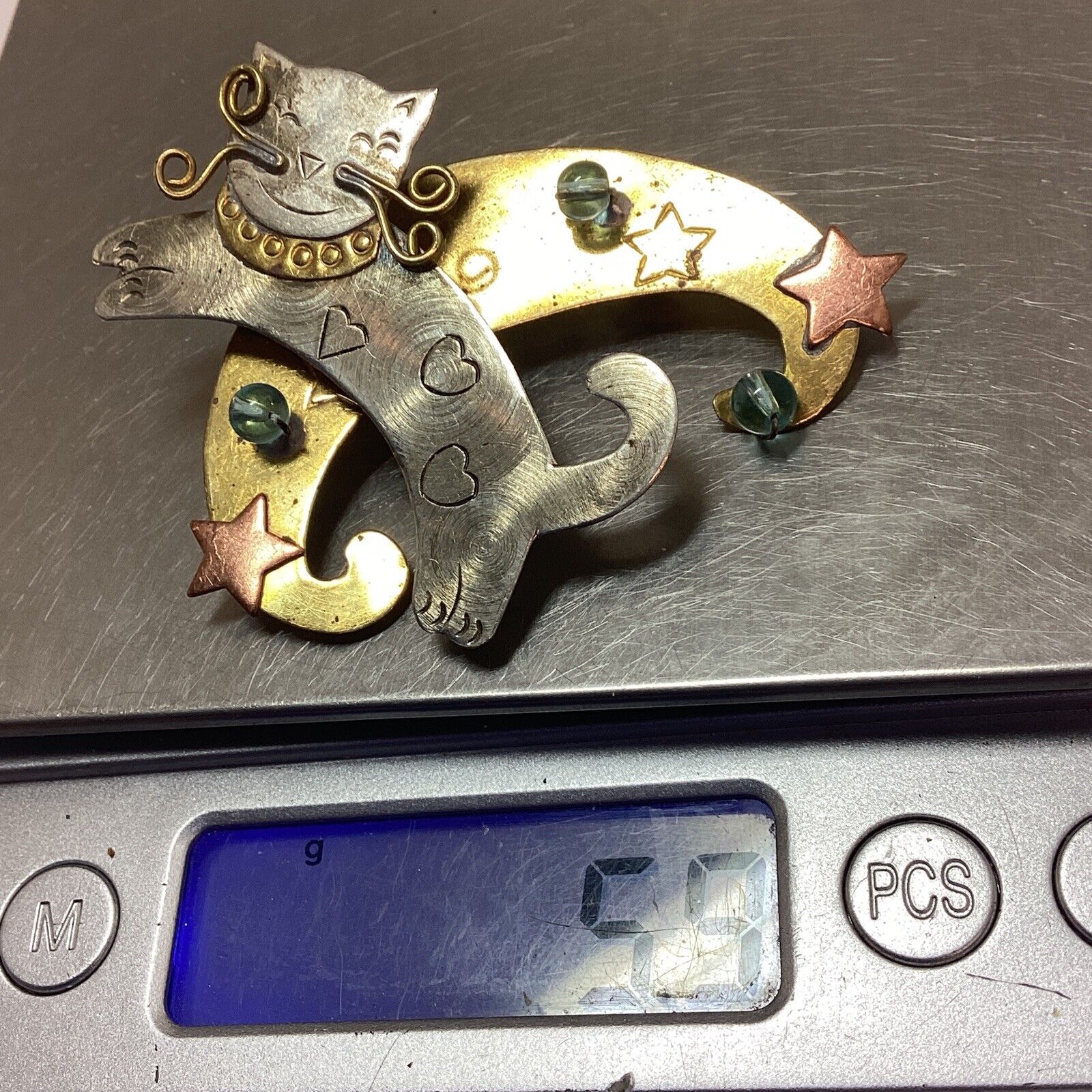 Vintage Hand Made Pin Cat and Moon Mixed Metals 2” - image 4