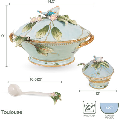 Fitz and Floyd Toulouse Soup Tureen with Ladle, 3.5 Quart, Blue