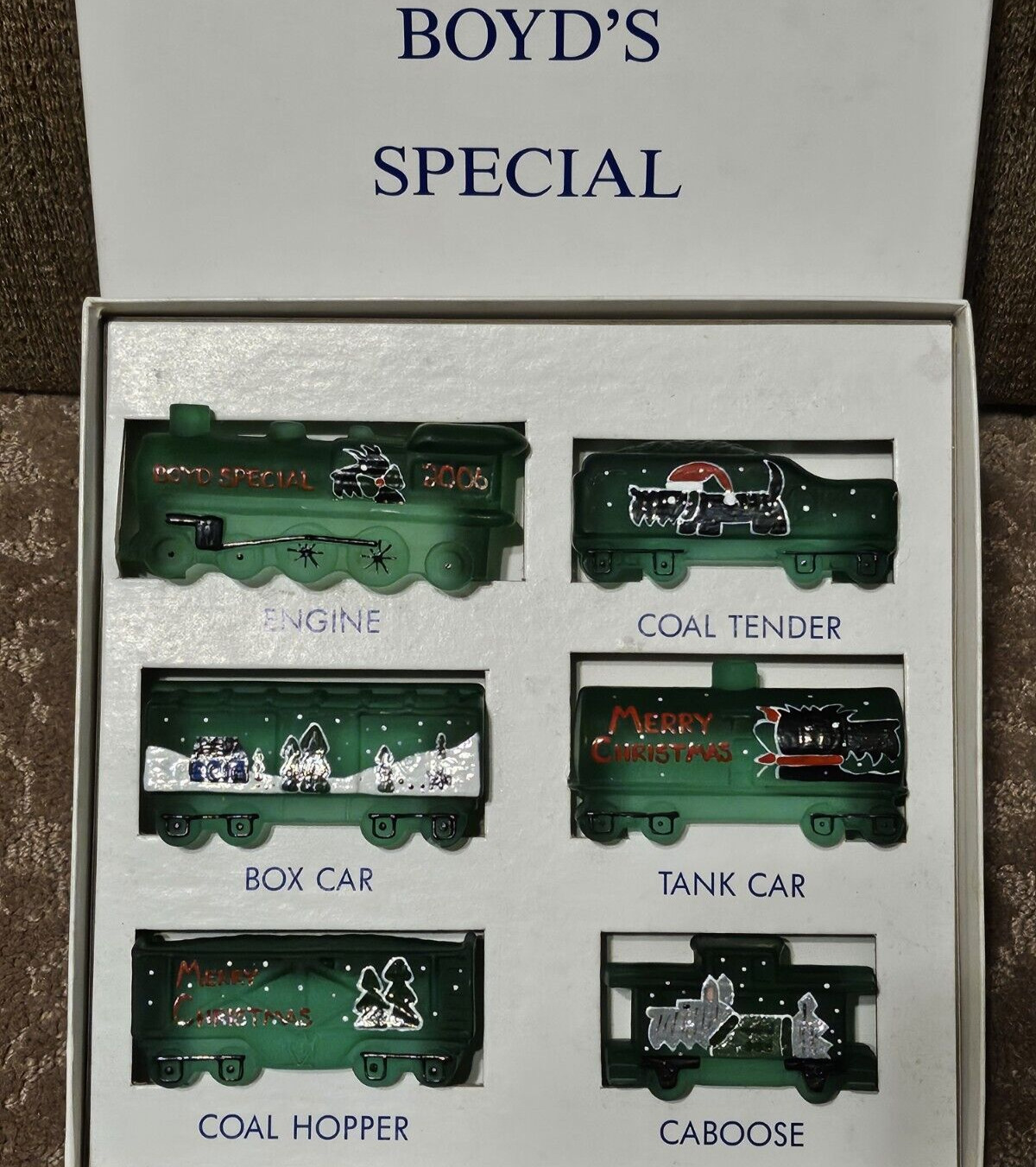 Boyd's Special 6pc Green Glass Holiday Christmas Train Set - Scottie Dog w/ Box