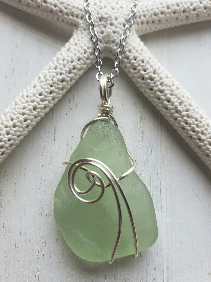 Real Genuine Light Green Sea Glass Wire Wrapped Pendant Necklace