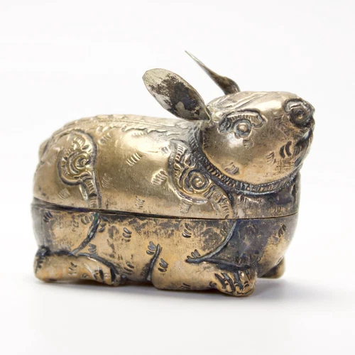 Rabbit Betel Box Antique Silverplate Cambodian Small Repousse Handmade