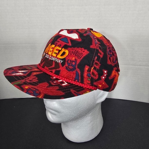 Vintage Tribal Print Reed Tool Company Hat Cap Hook Loop Buckle Red Made In USA View 2