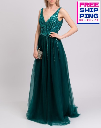 UVP 2023€ RAOUL Perlen Tüll Ballkleid Gr. M grün Pailletten ärmellos V-Ausschnitt