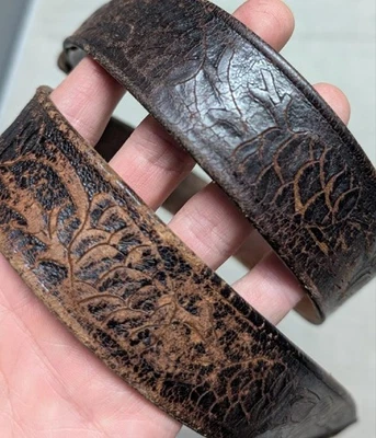 vintage TOOLED buckle belt PINE CONE handcrafted 36 leather WESTERN patina - Image 1 of 4