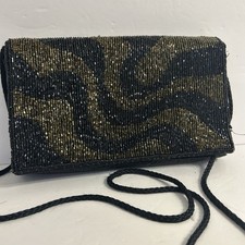 VINTAGE Walborg Hand Beaded Handbag Purse Black  Gold BRAIDED STRAP