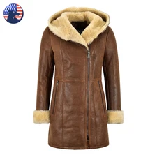 Women’s Brown Real Sheepskin Leather Jacket Shearling Fur Winter Hooded Coat
