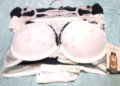 Laura Ashley 4 Piece Bra & Panty Sets-SZ 34B-S-WHITE /NAVY MESH-NWT RET. 54.00
