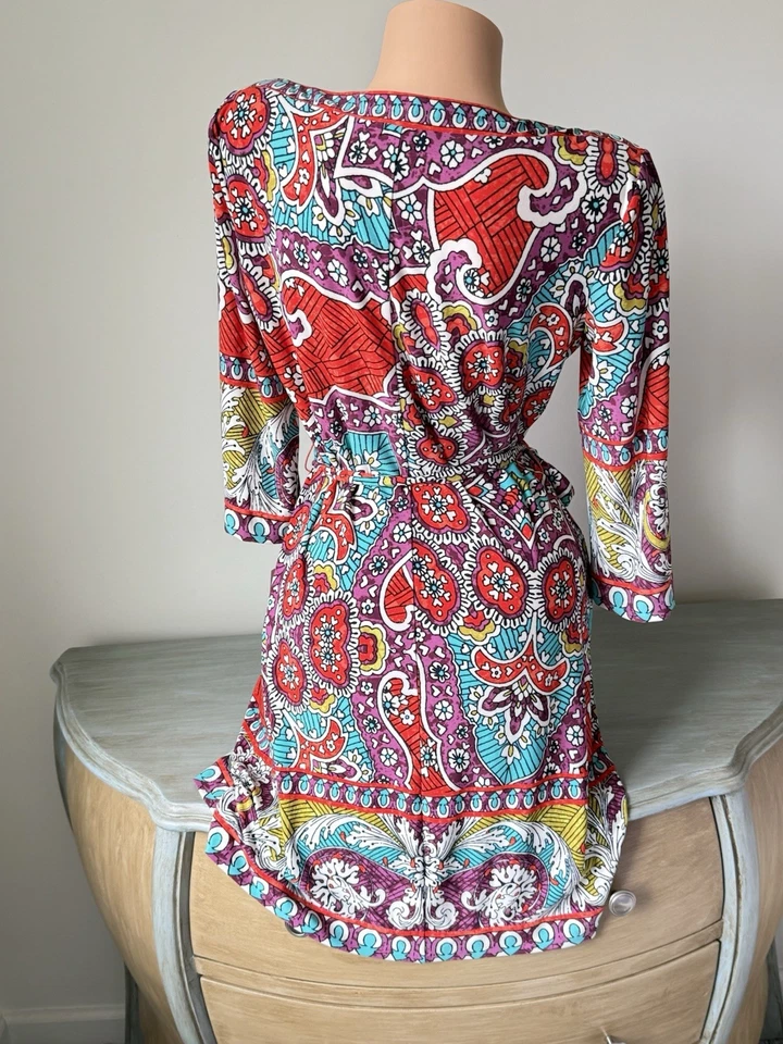 Vestido Donna Morgan Mujer Talla M 10 Estampado Paisley Cuello Barco Cintura Corbata Cinturón 3/4 Foto 4 de 4