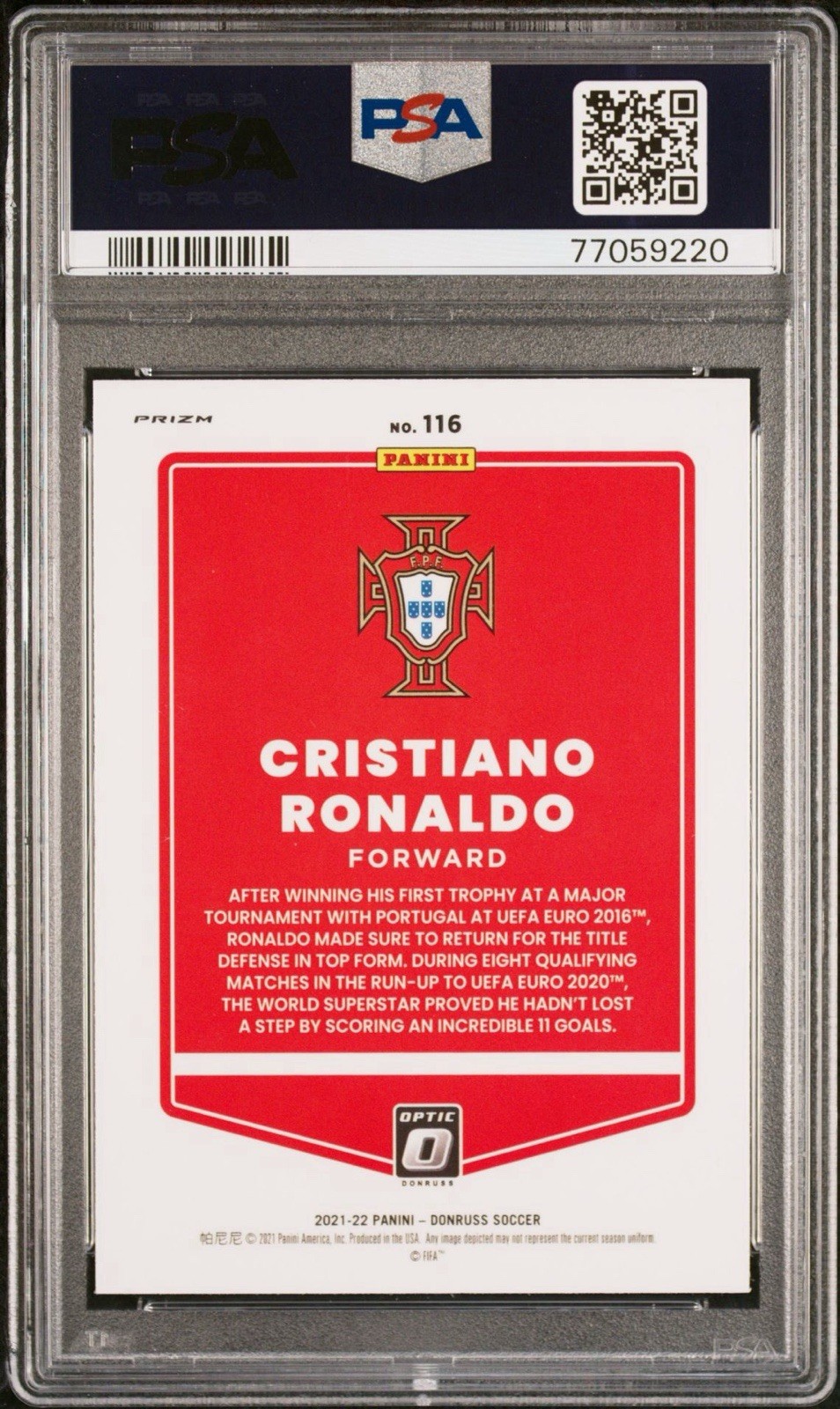 2021/22 DONRUSS RD/QATAR CRISTIANO RONALDO OPTIC-BLUE VELOCITY PSA 10 POP 3 view 2