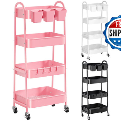 Recximi 4 Tier Rolling Cart Metal Lockable Wheels Four Tiered Pink Trolley Cart