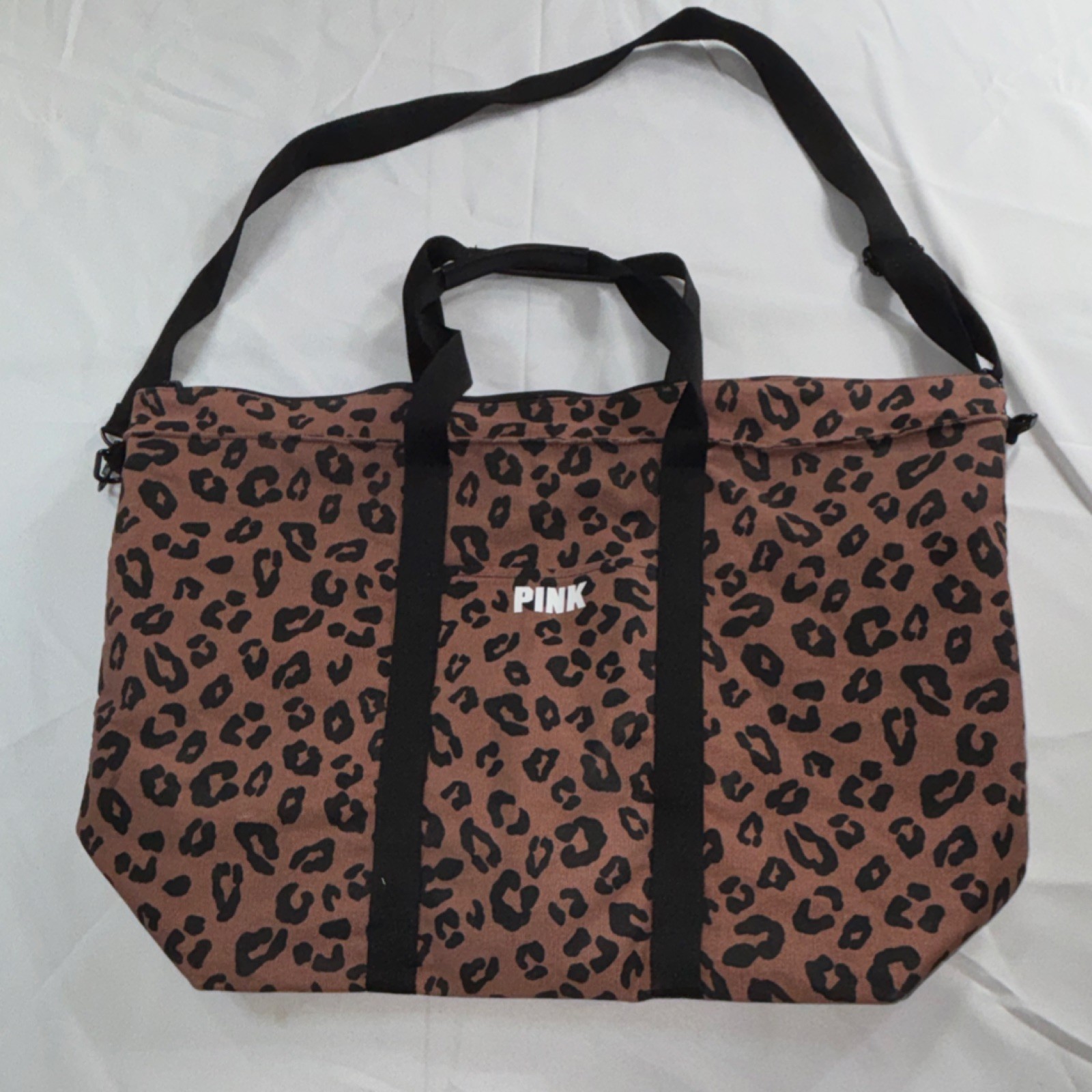 PINK Large Leopard Print Tote Bag Shoulder Strap Outer Pocket Zip Accent