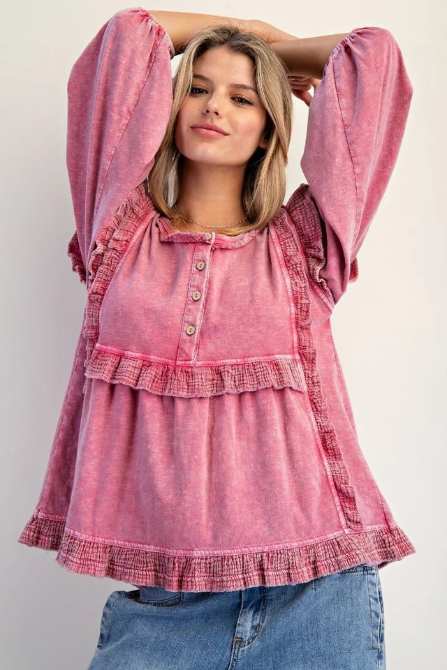 Top de manga 3/4 con ribete de volantes lavado mineral para mujer de Easel en rosa Foto 4 de 4